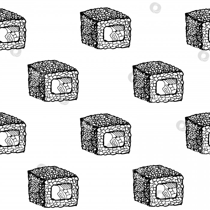 Скачать Узор для суши. Нарисованные от руки суши и роллы японской кухни на белом фоне. Бесшовный векторный фон. фотосток Ozero