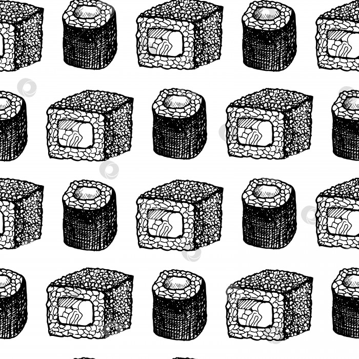 Скачать Узор для суши. Нарисованные от руки суши и роллы японской кухни на белом фоне. Бесшовный векторный фон. Черно-белый фотосток Ozero