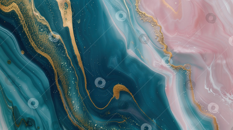Скачать Фон с мраморной текстурой чернил с голубыми, розовыми и золотыми завитками фотосток Ozero