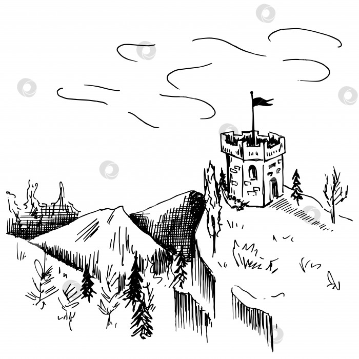 Скачать Пейзаж в стиле эскиза. Древняя башня на холме. Черно-белая векторная иллюстрация. фотосток Ozero
