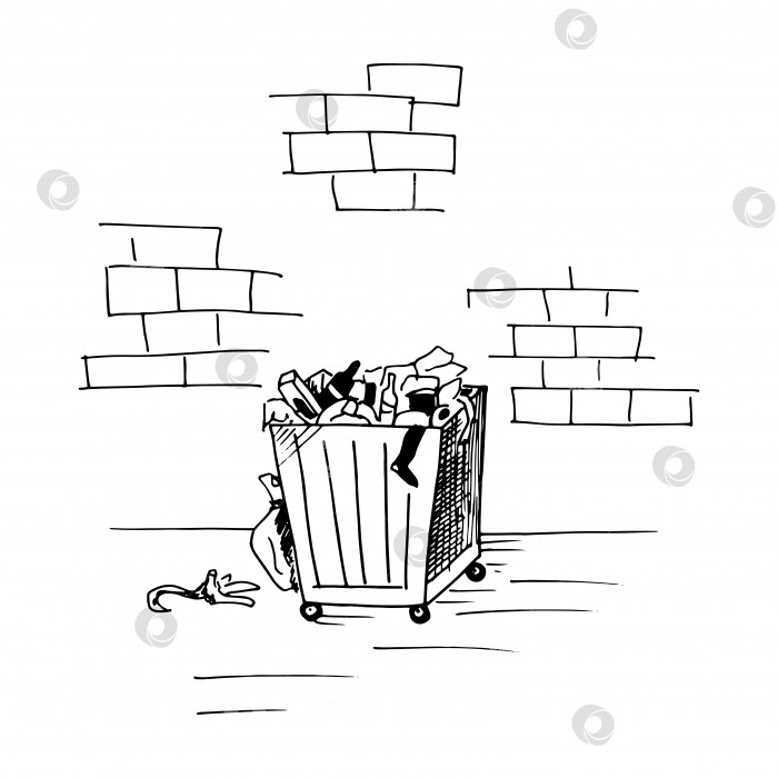 Скачать Мусорный контейнер, стоящий у стены. Нарисованный от руки мусорный бак с мусором в стиле эскиза. Векторная иллюстрация фотосток Ozero