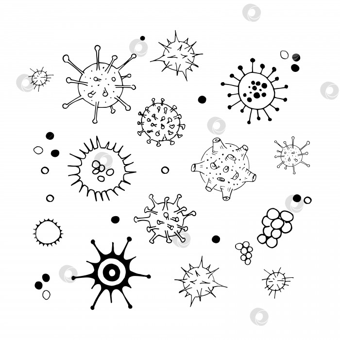 Скачать Набор каракулей с вирусами и бактериями. Коллекция простых иллюстраций, нарисованных от руки. Выделено на белом фоне. Вектор фотосток Ozero