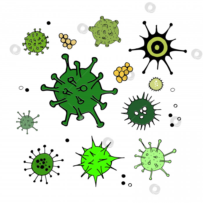 Скачать Набор каракулей с вирусами и бактериями. Простые цветные зеленые значки, выделенные на белом фоне. Выделенные бактериальные клетки микробиологического вектора. Коллекция рисованных мультяшных иллюстраций фотосток Ozero