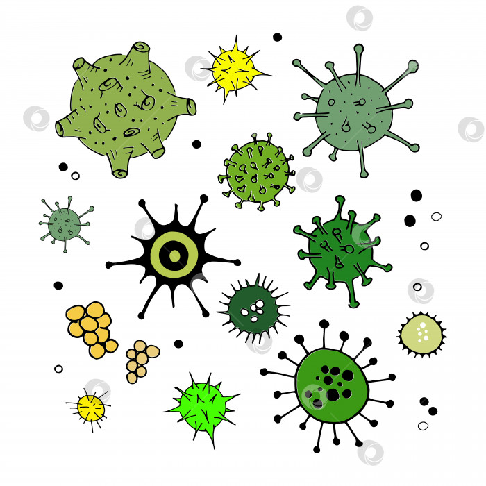 Скачать Набор каракулей с вирусами и бактериями. Простые цветные зеленые значки, выделенные на белом фоне. Бактериальные клетки, выделенные микробиологическим вектором. Коллекция нарисованных от руки мультяшных иллюстраций фотосток Ozero