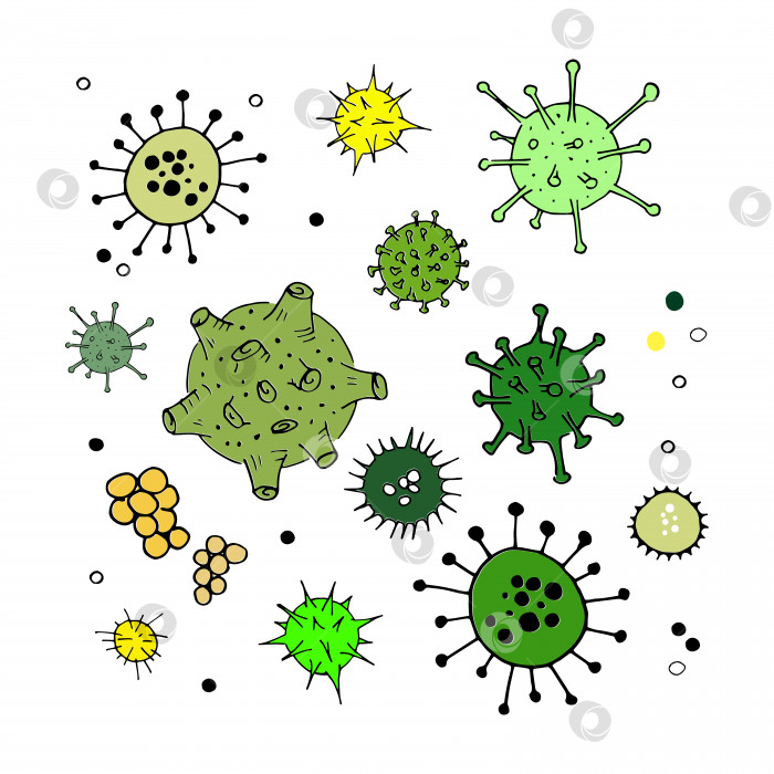 Скачать Набор каракулей с вирусами и бактериями. Простые цветные зеленые значки, выделенные на белом фоне. Выделенные бактериальные клетки микробиологического вектора. Коллекция рисованных мультяшных иллюстраций фотосток Ozero