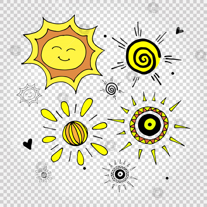 Скачать Коллекция простых нарисованных от руки солнц. Изолированные векторные иллюстрации. фотосток Ozero