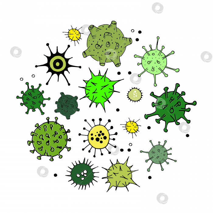Скачать Набор каракулей с вирусами и бактериями. Простые цветные зеленые значки, выделенные на белом фоне. Выделенные бактериальные клетки микробиологического вектора. Коллекция рисованных мультяшных иллюстраций фотосток Ozero