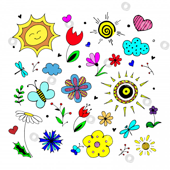 Скачать Весенний набор векторных изображений, нарисованных от руки. Цветной мультяшный набор предметов и символов на тему весенней природы. Коллекция простых элементов, выделенных на белом фоне фотосток Ozero