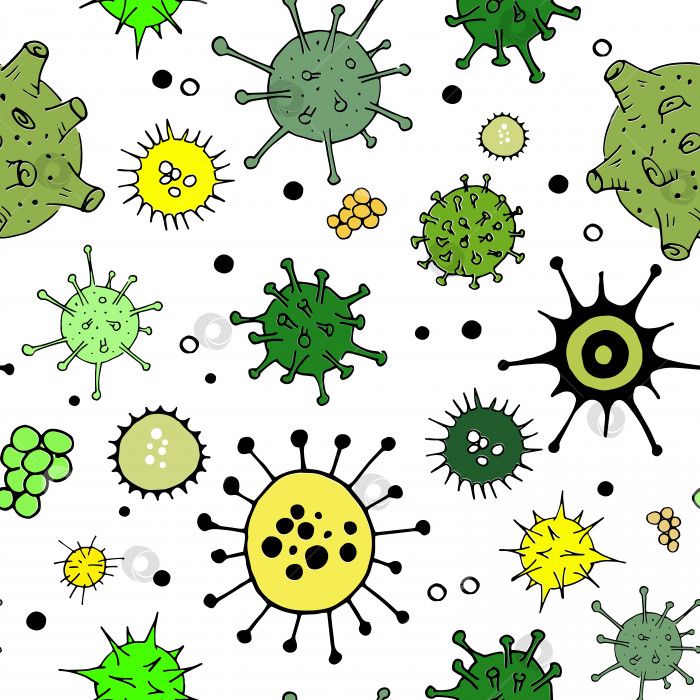 Скачать Вирусы и бактерии рисуют зеленый узор. Бесшовный фон. Микробиологические векторные бактериальные клетки на прозрачном фоне фотосток Ozero