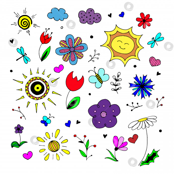 Скачать Весенний набор векторных изображений, нарисованных от руки. Цветной мультяшный набор предметов и символов на тему весенней природы. Коллекция простых элементов, выделенных на белом фоне фотосток Ozero