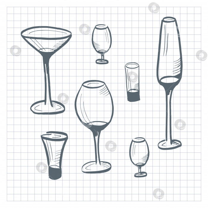 Скачать Коллекция очков. Набор бокалов в стиле нарисованных вручную каракулей для алкогольных напитков. Векторная иллюстрация фотосток Ozero