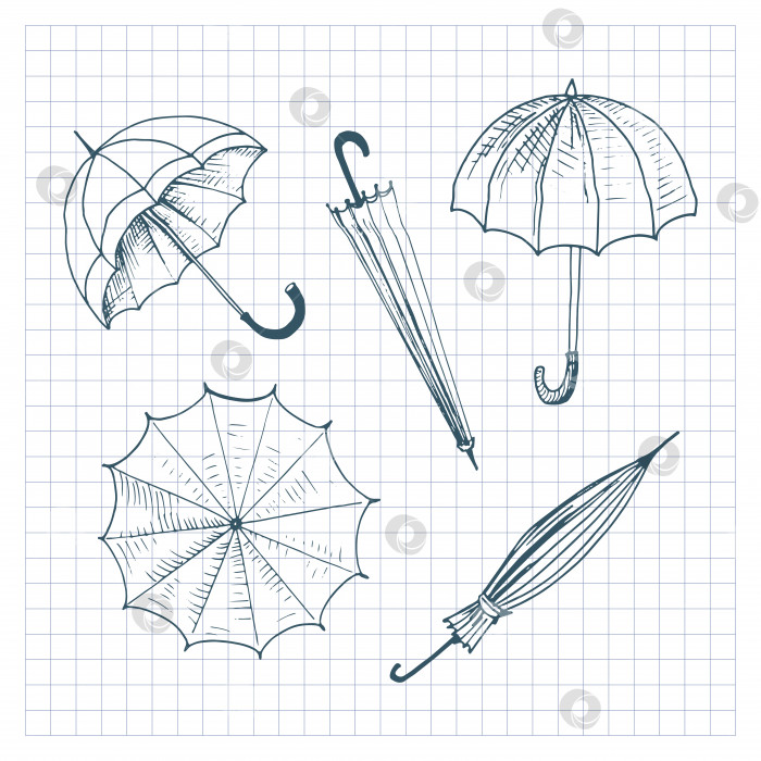 Скачать Набор зонтиков. Коллекция изолированных зонтиков в эскизном стиле. Каракули зонтиков на клетчатом фоне. Нарисованная от руки векторная иллюстрация. фотосток Ozero