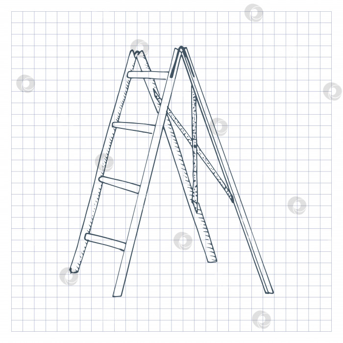 Скачать Эскиз стремянки. Нарисованная от руки лестница, стремянка с перекладинами. Векторная иллюстрация, выделенная на клетчатом фоне. фотосток Ozero