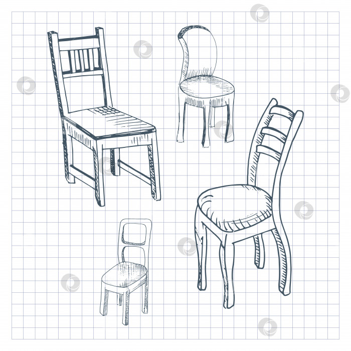 Скачать Набор нарисованных вручную стульев. Нарисованная от руки картинка в стиле эскиза, выделенная на клетчатом фоне. Векторная иллюстрация фотосток Ozero
