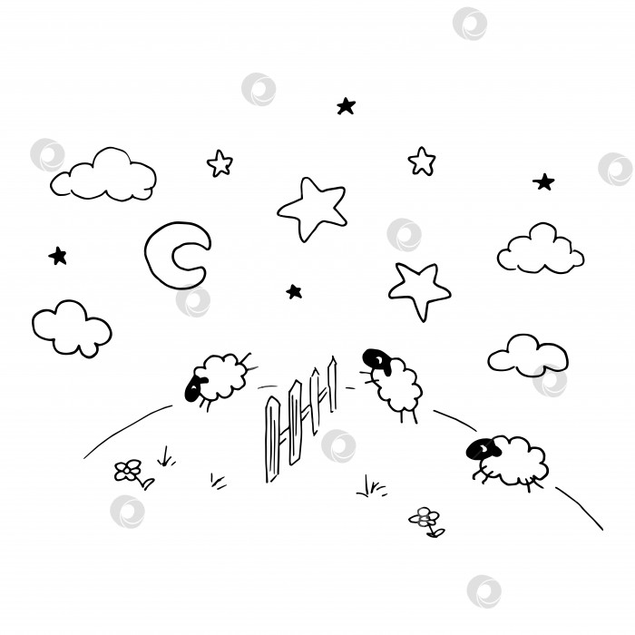 Скачать Овцы перепрыгивают через забор. Симпатичная рисованная картинка в стиле каракули. Векторная иллюстрация фотосток Ozero