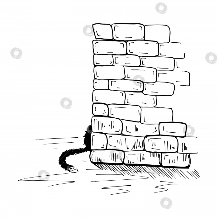 Скачать Кот спрятался за кирпичной стеной. Нарисованный от руки черно-белый эскиз. Векторная иллюстрация фотосток Ozero