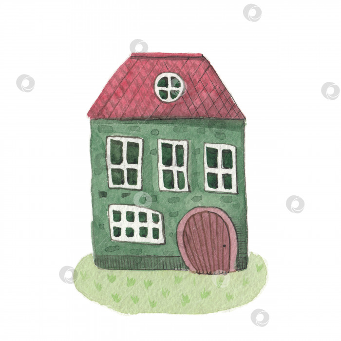 Скачать Акварельный дом. Милый зеленый сказочный домик. Иллюстрация, раскрашенная вручную, выделена на белом фоне. Мультяшный рисованный стиль. фотосток Ozero