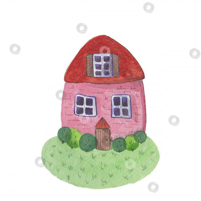 Скачать Акварельный дом. Милый розовый сказочный домик. Иллюстрация, раскрашенная вручную, выделена на белом фоне. Мультяшный рисованный стиль фотосток Ozero