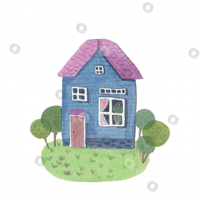 Скачать Акварельный дом. Милый голубой сказочный домик. Иллюстрация, раскрашенная вручную, выделена на белом фоне. Мультяшный рисованный стиль. фотосток Ozero