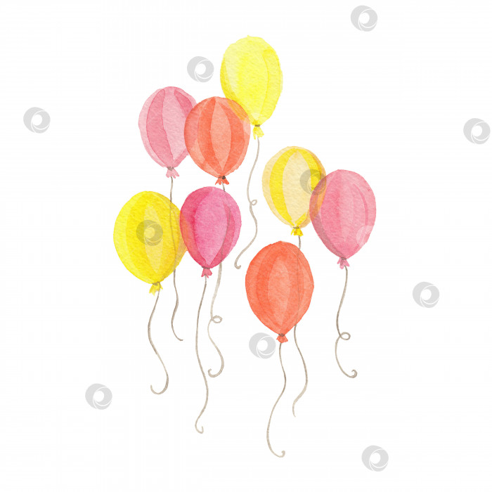 Скачать Акварельные воздушные шары. Красные, оранжевые и желтые воздушные шары. Нарисованная от руки иллюстрация, выделенная на белом фоне. фотосток Ozero