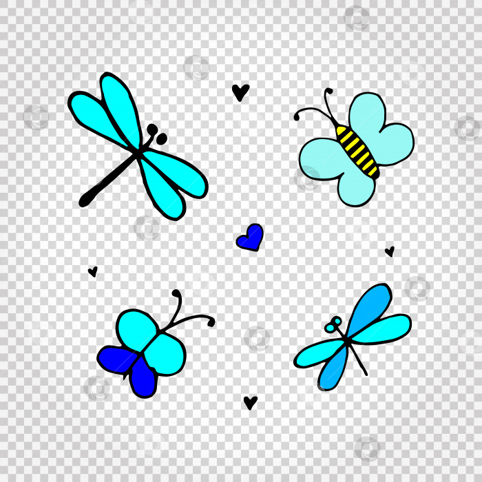 Скачать Весенний набор для рисования каракулями. Голубые бабочки и стрекозы. Простые векторные иллюстрации, нарисованные от руки. фотосток Ozero