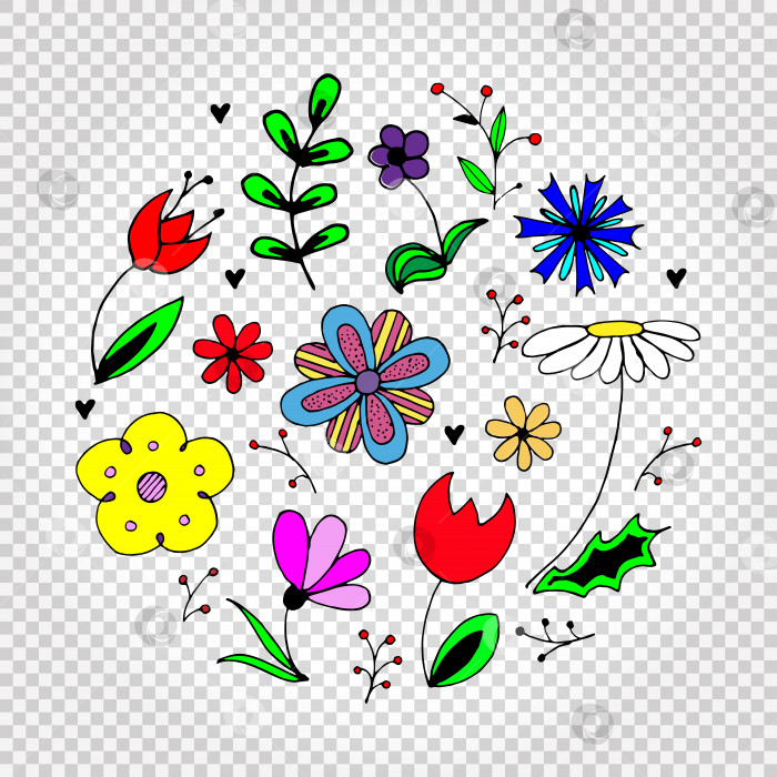 Скачать Набор векторных изображений весенних цветов. Цветные мультяшные цветы, изолированные друг от друга. Коллекция рисованных иллюстраций фотосток Ozero