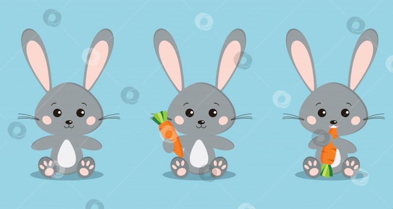 Скачать Набор изолированных милых серых кроликов в сидячей позе с морковкой в лапе, поедающих морковь. фотосток Ozero
