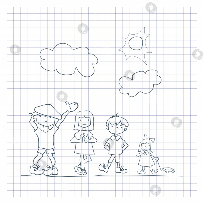 Скачать Дети рисуют. Нарисованная от руки простая детская раскраска, дети, облака и солнце. Векторная иллюстрация, выделенная на клетчатом фоне фотосток Ozero