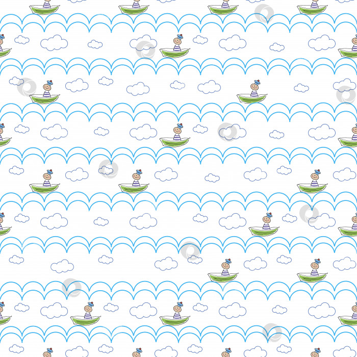 Скачать Выкройка игрушек. Бесшовный фон, нарисованный вручную каракулями моряка в лодке, плывущего по волнам, морю и облакам. фотосток Ozero