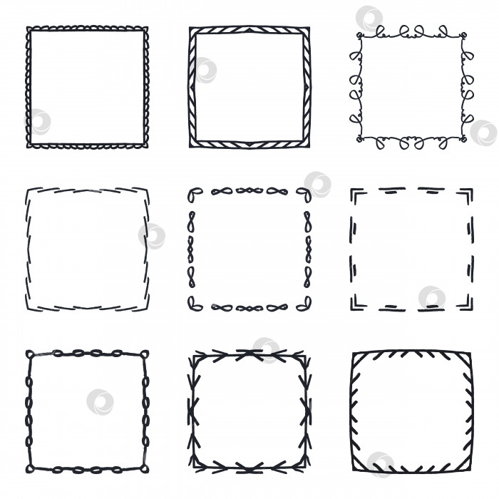 Скачать Набор нарисованных вручную декоративных квадратных рамок и бордюров. Шаблоны монолинейного дизайна, выделенные на белом фоне фотосток Ozero