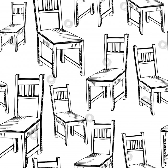 Скачать Выкройка стульев. Нарисованный от руки эскиз мебели, черные стулья без фона. Бесшовный векторный фон фотосток Ozero