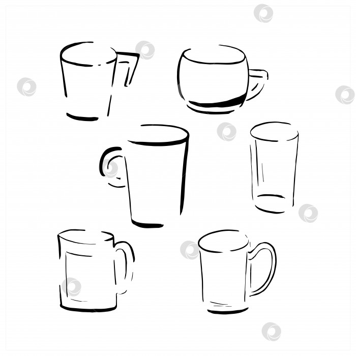 Скачать Коллекция эскизов чашек. Набор простых нарисованных от руки черных чашек на белом фоне. Бесшовный векторный фон фотосток Ozero