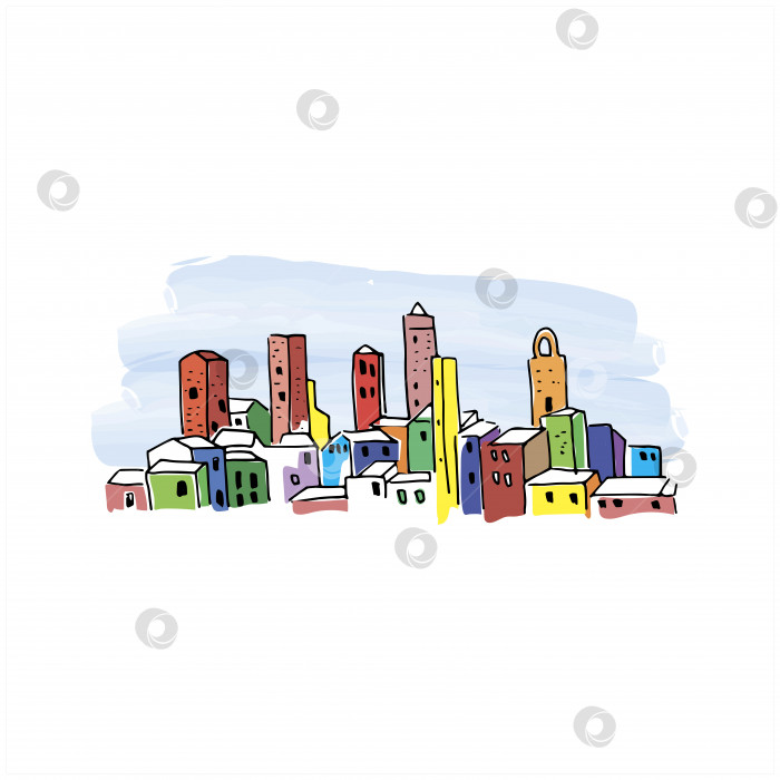 Скачать Мультяшный сказочный город. Нарисованная от руки векторная иллюстрация яркого цветного городского пейзажа. Изолированный на белом фотосток Ozero