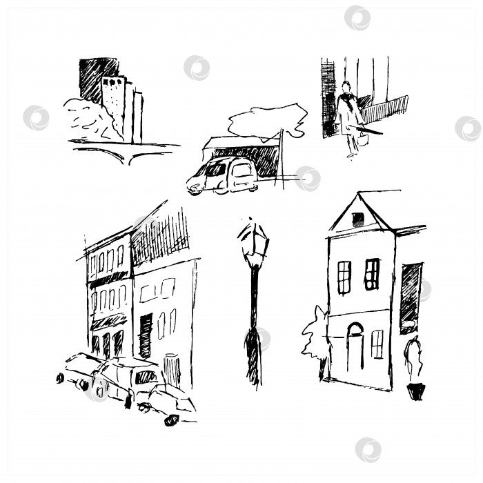 Скачать Городской эскиз, набор графических эскизов, линейный городской пейзаж, векторная иллюстрация, изолированная на белом фоне. фотосток Ozero