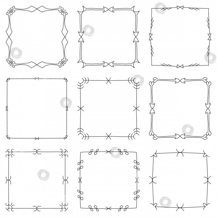 Скачать Набор нарисованных вручную декоративных квадратных рамок и бордюров. Шаблоны однолинейного дизайна, выделенные на белом фоне фотосток Ozero