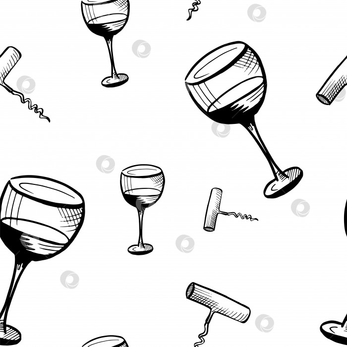 Скачать Эскиз рисунка бокалов для вина. Нарисованные от руки черные бокалы и штопоры на белом фоне. Бесшовный векторный фон фотосток Ozero