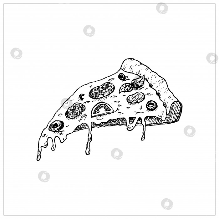 Скачать Эскиз пиццы. Ручной рисунок ломтика пиццы, черная векторная иллюстрация на белом фотосток Ozero