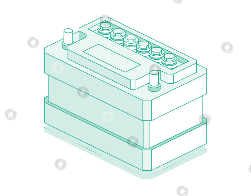 Скачать Автомобильный аккумулятор, выделенный на белом фоне. Аккумуляторная батарея. Изометрический контур объекта. фотосток Ozero