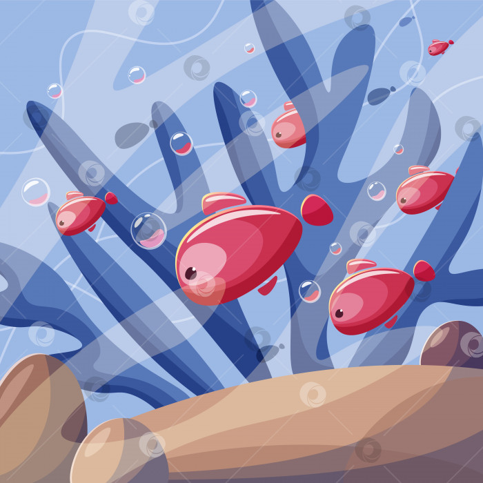 Скачать Маленький косяк розовых рыбок плавает в океане. Векторная иллюстрация. фотосток Ozero