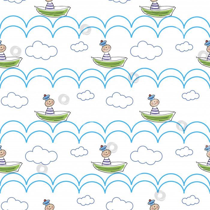 Скачать Выкройка игрушек. Бесшовный фон, нарисованный вручную каракулями моряка в лодке, плывущего по волнам, морю и облакам. Векторный узор для милых детей на прозрачном фоне фотосток Ozero