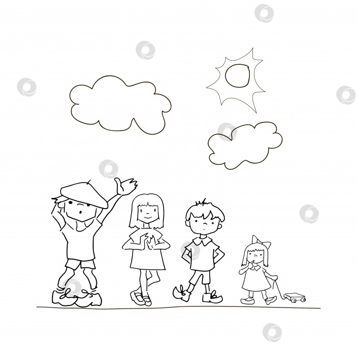 Скачать Дети-каракули. Нарисованная от руки простая детская раскраска, дети рисуют друзей, облака и солнце. Иллюстрация в стиле каракули, выделенная на белом фоне фотосток Ozero