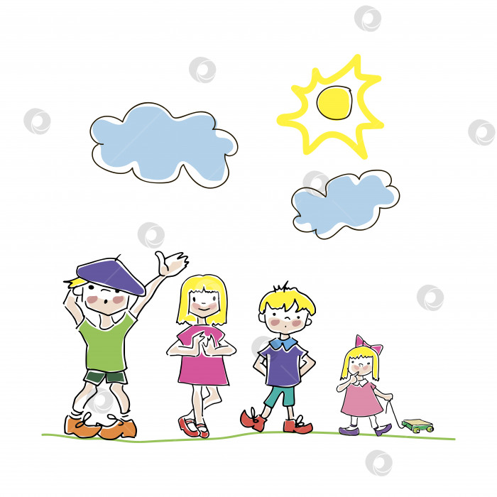 Скачать Дети-каракули. Нарисованная от руки простая детская раскраска, дети рисуют друзей, облака и солнце.Яркая и многоцветная иллюстрация в стиле каракулей, выделенная на белом фоне фотосток Ozero