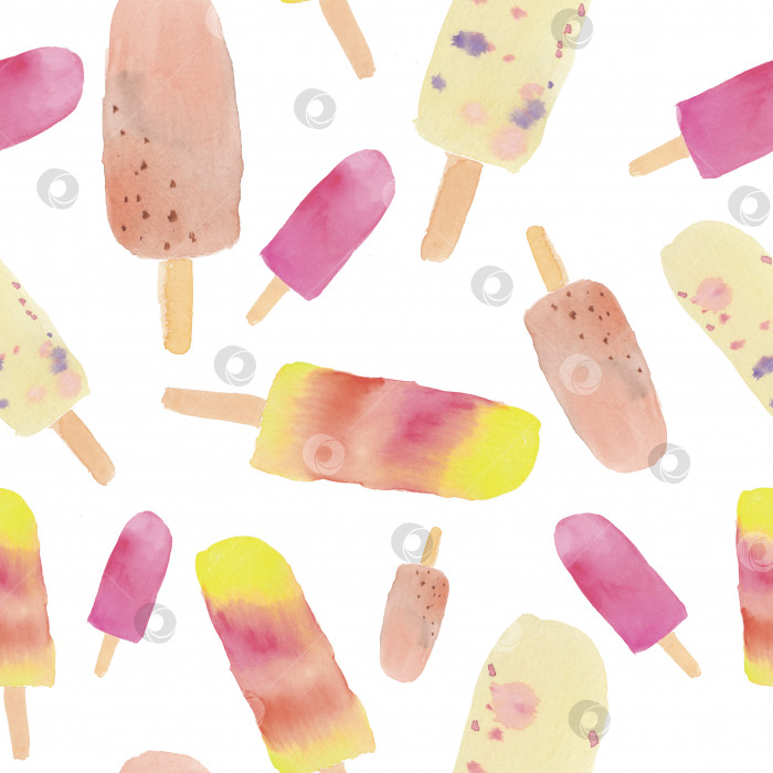 Скачать Узор из мороженого. Акварельный бесшовный фон, разноцветное мороженое, нарисованное от руки, изолированное на белом фоне фотосток Ozero