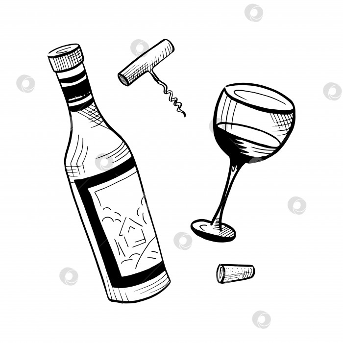 Скачать Набор нарисованных эскизов, бутылка вина, штопор и бокал для вина, изолированные на белом фоне, вектор фотосток Ozero
