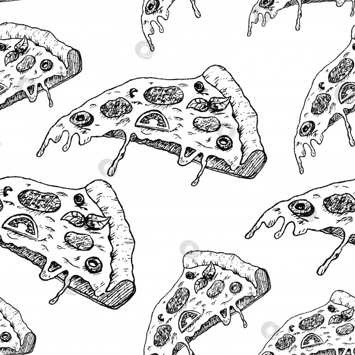 Скачать Фон для пиццы. Нарисованные от руки ломтики пиццы. Черный эскиз на белом фоне. Бесшовный рисунок обоев. фотосток Ozero
