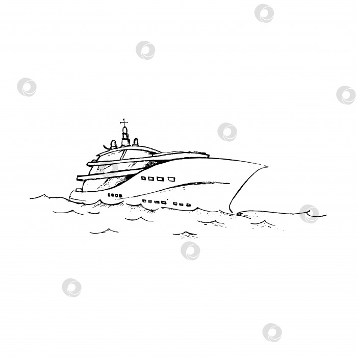 Скачать Эскиз яхты, прогулочного катера, плывущего по морским волнам векторная иллюстрация, черно-белый векторный рисунок, нарисованный от руки, изолированный на белом фоне фотосток Ozero
