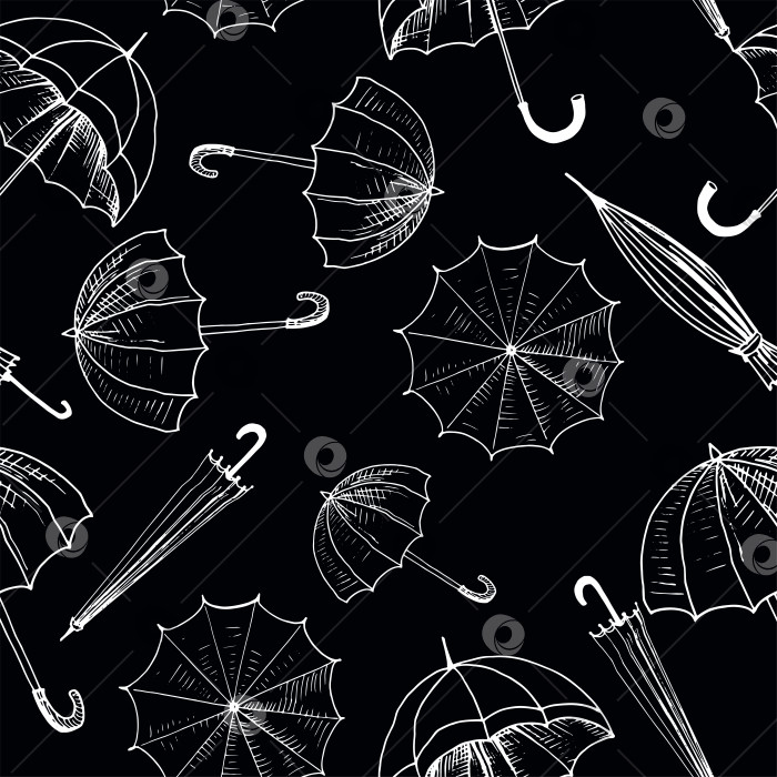 Скачать Зонтики с бесшовным рисунком эскиза. Белые нарисованные от руки зонтики на черном фоне. Узор на обоях, каракули в виде зонтиков. Векторный фон фотосток Ozero