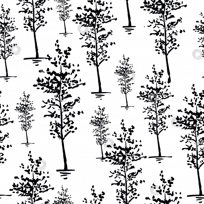 Скачать Фон эскиза деревьев. Бесшовный векторный узор. Нарисованные вручную черные деревья на прозрачном фоне фотосток Ozero