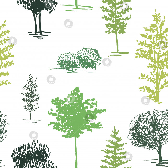 Скачать Фон эскиза деревьев. Бесшовный векторный узор. Нарисованные вручную зеленые деревья на прозрачном фоне. фотосток Ozero