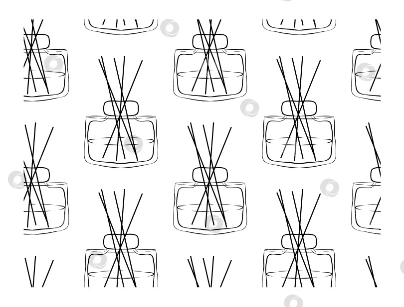 Скачать Бесшовный узор для ароматерапии. Аромадиффузор, эфирное масло для дома. Векторный контур, концепция линейной иллюстрации. Стеклянная банка разного цвета с деревянными ароматическими палочками фотосток Ozero